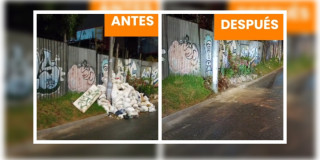 Foto que muestra a un lado escombros y en el otro la misma zona pero limpia 