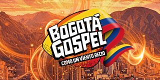 Pieza gráfica de Bogotá Gospel 2026 con texto que dice: “Bogotá Gospel. Como un viento recio”, sobre fondo con montañas, edificaciones de Bogotá y cintas con los colores de la bandera de Colombia.