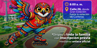 Pieza gráfica del Festival de Verano 2026 con personaje en patines y texto que dice: “8:00 a. m. Calle 26, desde Gran Estación hasta la estación de Corferias” e “inscripción previa mediante enlace oficial”.