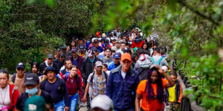 Multitud numerosa avanza por un sendero peatonal estrecho rodeado de vegetación densa y árboles altos, en un entorno natural montañoso. Las personas caminan en fila y en grupos compactos