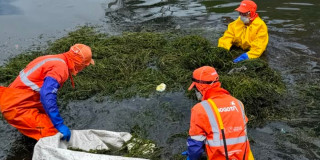 Foto que muestra tres personas con el uniforme de Aguas de Bogotá limpiando un cuerpo de agua