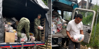 Fotos de las ayudas humanitarias de Bogotá para atención damnificados por terremoto len su arribo a Armenia y Dosquebradas.