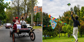 Fotos de un carro antiguo y de un niño elevando una cometa en Bogotá.
