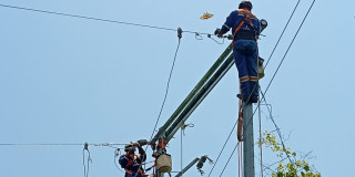 Foto que muestra dos personas con uniforme de Enel Colombia en un poste de luz