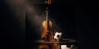 Imagen de un violín con un balón de futbol con un fondo negro 