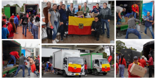 Composición de imágenes de personas cargando y descargando los camiones con ayudas humanitarias
