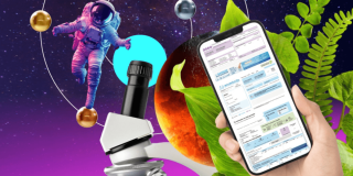 Imagen gráfica que muestra un astronauta y una mano sosteniendo un celular