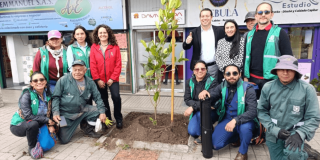 Grupo de personas del Jardín Botánico y del centro comercial Los Héroes posa alrededor de un árbol recién sembrado en un andén.