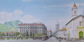 Imagen de la ilustración donde se aprecia el Parque Santander en el centro de Bogotá.