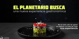 Imagen de un plato de comida con fondo de estrellas y en letras 'El Planetario busca una experiencia gastronómica'