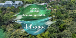 Pieza gráfica sobre la Semana Mundial del Agua con vista aérea del Jardín Botánico de Bogotá y sus domos de colección vegetal. En el centro aparece el texto: ´Agenda especial: Semana mundial del agua´.