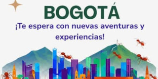 Dibujo de Bogotá con un texto de te espera con nuevas aventuras y experiencias.