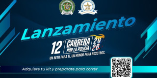Logos de la policía y un letrero que dice Lanzamiento 12a Carrera por la Policía 2026