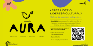 Imagen amarilla con morado en la que se encuentra la información promocional de la Escuela AURA.