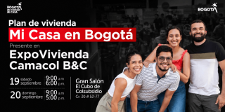 Imagen gráfica con el texto: plan de vivienda mi casa en Bogotá presente en Expovivienda Camacol 