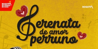 Banner promocional de la actividad “Serenata de amor perruno” sobre fondo amarillo con textura y notas musicales difuminadas.