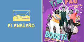Afiche del musical infantil PIM PAU en el Teatro El Ensueño. Incluye el logo del teatro y una imagen promocional con tres integrantes del grupo, el texto “Bogotá, sábado 19 de sept., 5 p. m.” y “Gira Internacional 2026”.