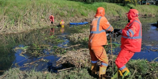 Foto que muestra personas sacando residuos del agua 