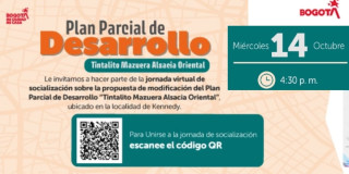 Pieza gráfica de invitación al encuentro de socialización Plan Parcial intalito Mazuera Alsacia en Bogotá.