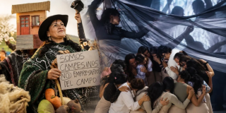 Imgen de la puesta en escena donde se ven varias personas en un circulo y de fondo se ve una mujer campesina y varias hortalizas.