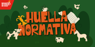 Logo de Huella Normativa, biblioteca jurídica animalista del IDPYBA, en fondo verde con ilustraciones de animales domésticos y silvestres de Bogotá.