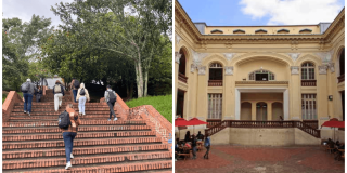 Foto que muestra personas subiendo una escalera y la fachada de un edificio 