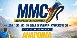 Afiche promocional de la Media Maratón de Cundinamarca 2026 con las siglas “MMC”, una ilustración de corredores y el texto “5K, 10K y 21K de recorridos”, “31 de julio de 2026” y “Anapoima” sobre fondo blanco y detalles en azul y amarillo.