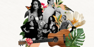 Imagen de varias mujeres que componen el cartel de artistas que se presentarán en este concierto, en la parte inferior se ve una guitarra.