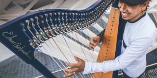 El músico Edmar Castañeda tocando el arpa 