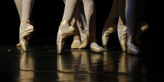 varios pies con zapatillas características del ballet