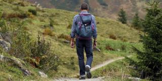 Hombre camina solo por un paisaje entre verde y montañoso.
