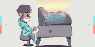 Ilustración niño con un piano