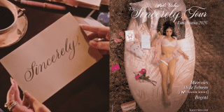 Imagen a la izquierda de las manos de una mujer con una carta en la que se lee Sincerely, el nombre del tour de la artista. A la derecha el cartel promocional del concierto en el que se ve la artista acostada en un colchón rosado.