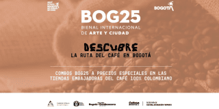 Imagen de color café con la imagen de la Bienal de Arte de Bogotá con la información sobre este evento de la ciudad