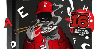 Imagen del cartel del evento donde se aprecia una imagen de un hombre vestido con chaquera y gorra roja con dos lapices en su mano que usa como palillos chinos