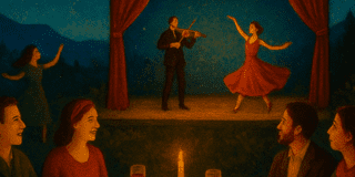 Imagen de una puesta en escena donde se encuentran en tarima un violinista y una bailarina, en frente personas sentadas disfrutando el evento y una bebida