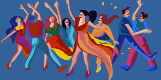 Imagen con la caricatura de varias personas de todas las edades bailando