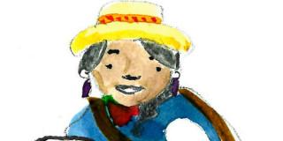 Imagen de un dibujo de una mujer campesina que lleva terciada su mochila 