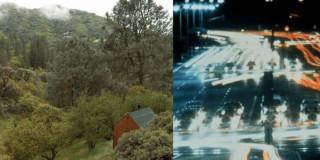 Imagen de bosque en contraste con carretera nocturna 