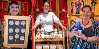 Fotos de mujeres y sus emprendimientos locales en Hecho en Bogotá.