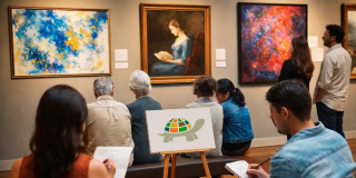 Imagen de varias personas en una sala de exposición de arte apreciando con calma las obras expuestas.