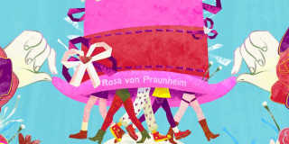 Imagen de afiche animado sombrero rosa marcado en letras con Rosa von Praunheim con diversas piernas cargándolo
