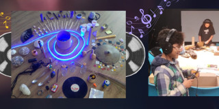 Imagen de creación de foley en vivo y paisaje sonoro con un niño con audifonos