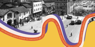 Imagen en blanco y negro del Barrio Santa Inés y una franja de colores del IDPC con mensaje un recorrido por la memoria