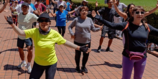 Personas participan en sesión de actividad física grupal al aire libre diurna en parque de Bogotá