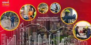 Pieza gráfica institucional sobre participación ciudadana en Bogotá con fondo rojo y silueta urbana. En el centro se lee el texto: “Acompáñanos en este espacio de participación”.