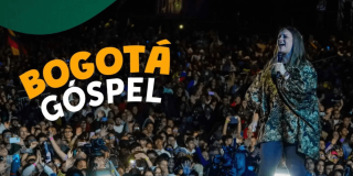 Pieza gráfica con texto literal que dice ´Bogotá Gospel´ que muestra una presentación musical ante una multitud reunida frente al escenario durante un concierto masivo al aire libre en Bogotá.