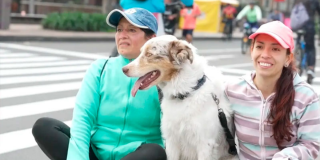 Imagen de dos mujeres sentadas al lado de su perro blanco con café claro.