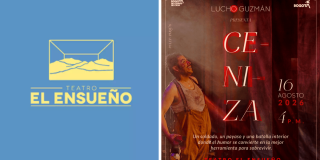 Imagen del cartel promocional de la obra en el que se aprecia un hombre con pantalón de tirantas y camiseta sin mangas.