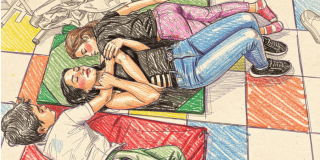 Ilustración de varios jovdenes sobre un piso ajedrez de colores.